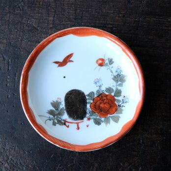 花と鳥◆赤で素敵。伊万里　花鳥文赤絵金彩小皿　骨董・antiques　暮らしに。大正時代の画像